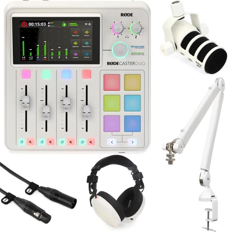 Rode RodeCaster Duo Streaming Mixer and PodMic Solo Bundle - White