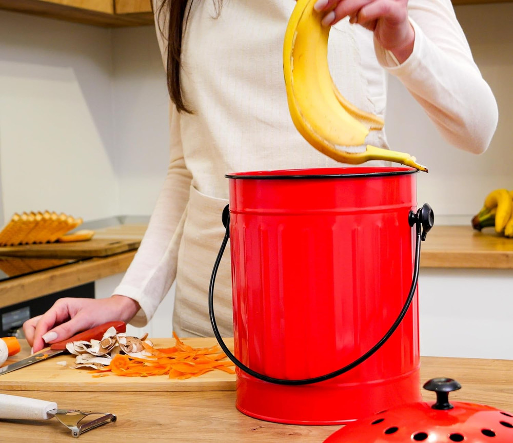 Plexon Countertop Compost Bin Kitchen with Lid, Red 1.5 Gallon Odorless Compost