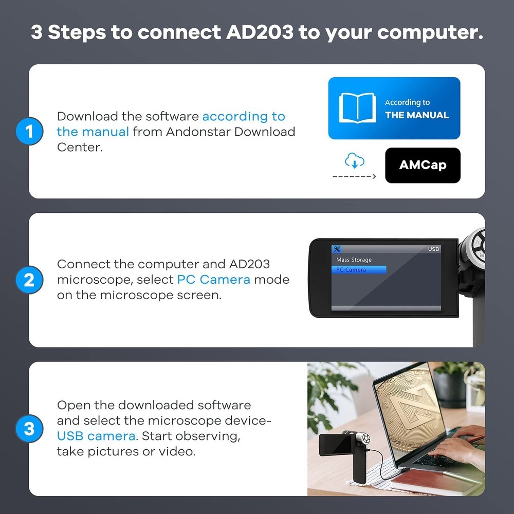 Andonstar AD203 Digital Microscope (Black+Bracket) Handheld Black+Bracket