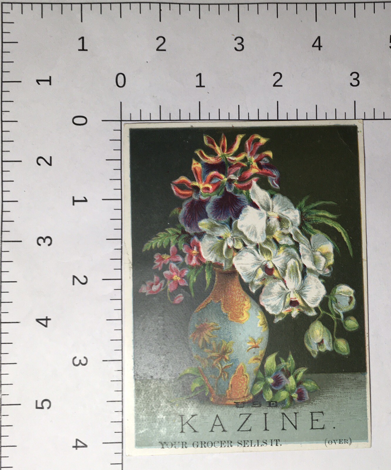 1880's Victorian Trade Card Kazine Washing Compound Flower Bouquet Antique Vase