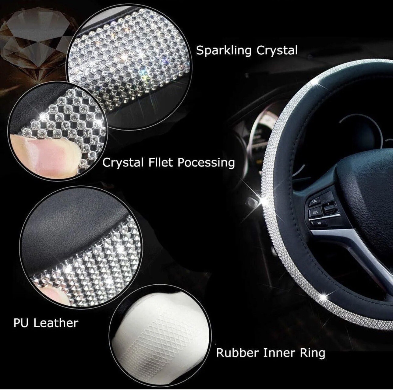 BEST Diamond Leather Steering Wheel Cover with Bling Crystal Rhinestones GIFT