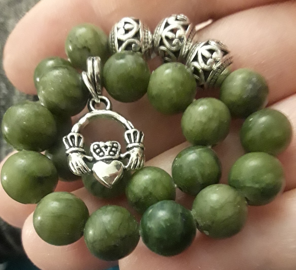 Connemara Marble Bead Bracelet with Irish Claddagh Charm