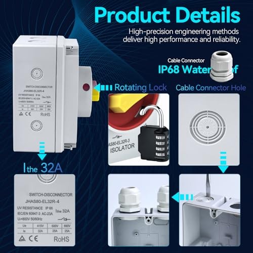 UL-Listed 32Amp Disconnect Switch 800V AC; IP66 Waterproof; 32Amp 4-Pole