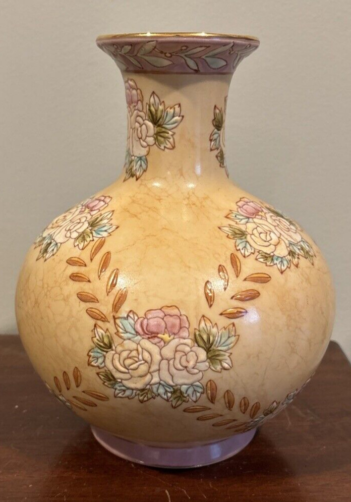 Chinese Porcelain 8" Vase Beige Pastel Embossed Flowers Leaves Pink Peach Blue.