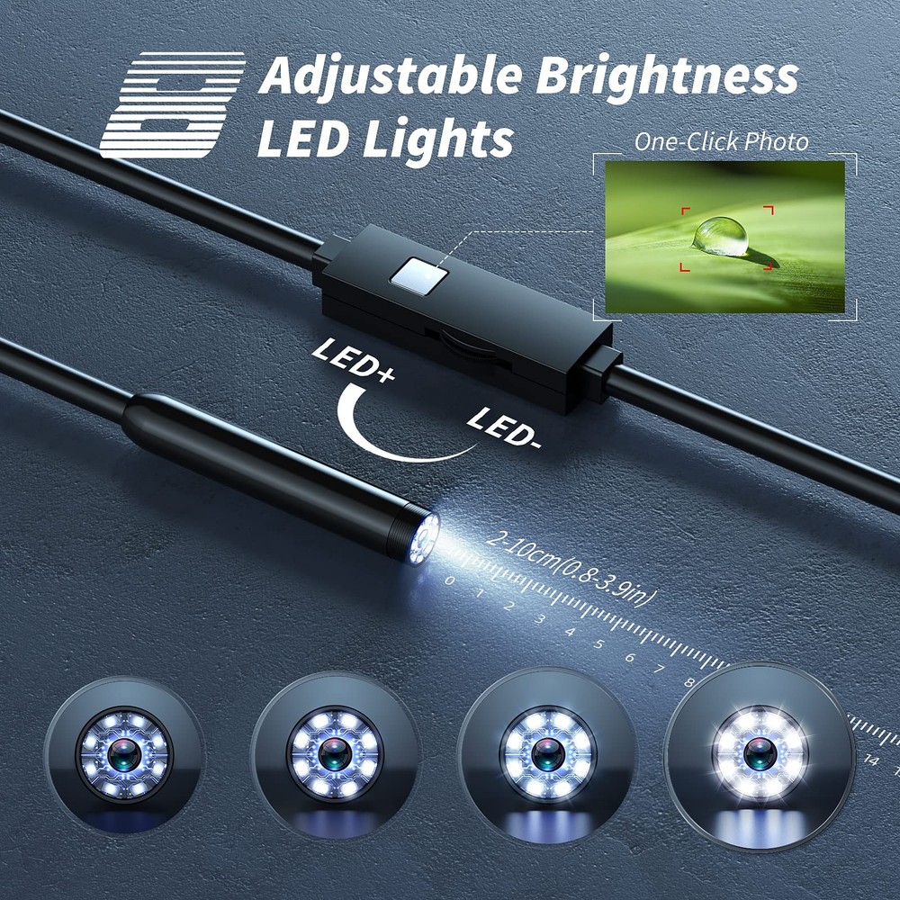 Endoscope Camera With Light 1920p Hd Borescope Tools With 8 Adjustable Led Light