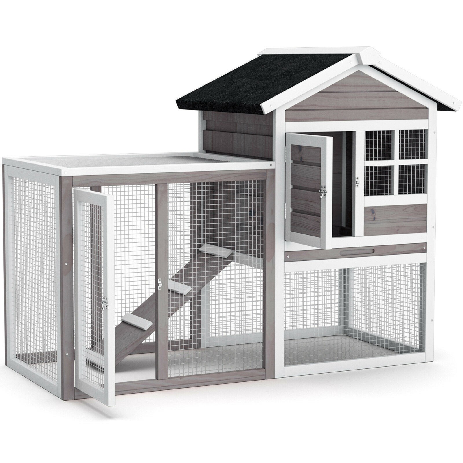 Wooden Chicken Coop Outdoor & Indoor Small Rabbit Hutch w/ Run Grey