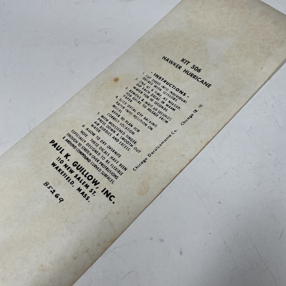 Guillows Hawker Hurricane Decals Kit #506