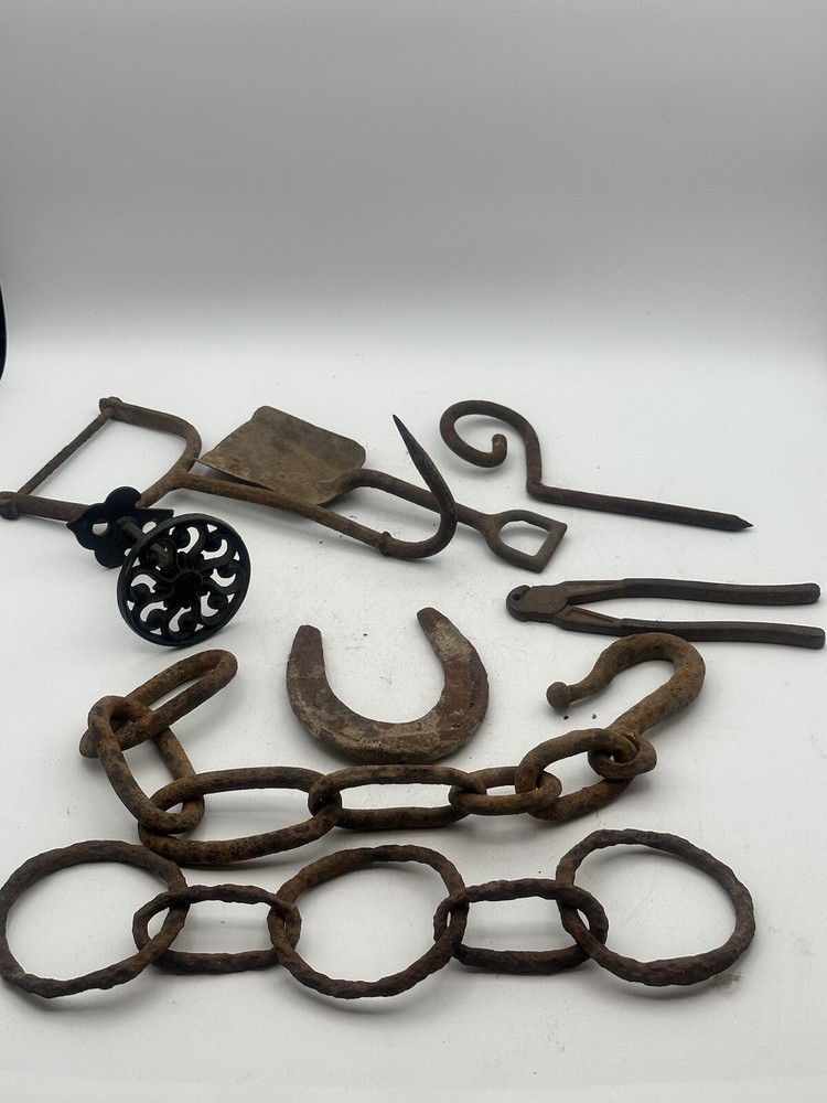 Vintage Rustic Iron Wall Decor Tools Chains And Black Coat Hanger