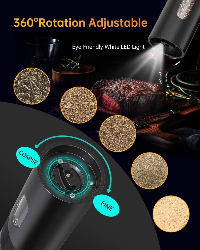 CIRCLE JOY Rechargeable Electric Pepper Grinder Top-Refill Adjustable