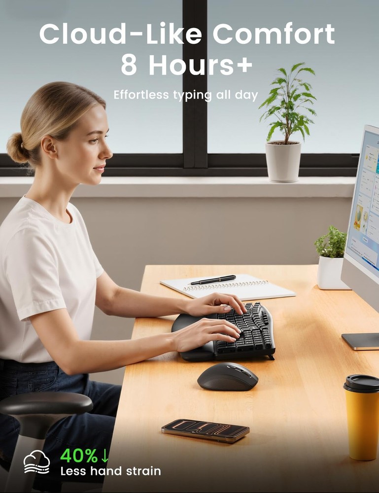 Wireless Keyboard and Mouse Combo, 30dB Quiet Ergonomic Wave Keyboard Set wit...