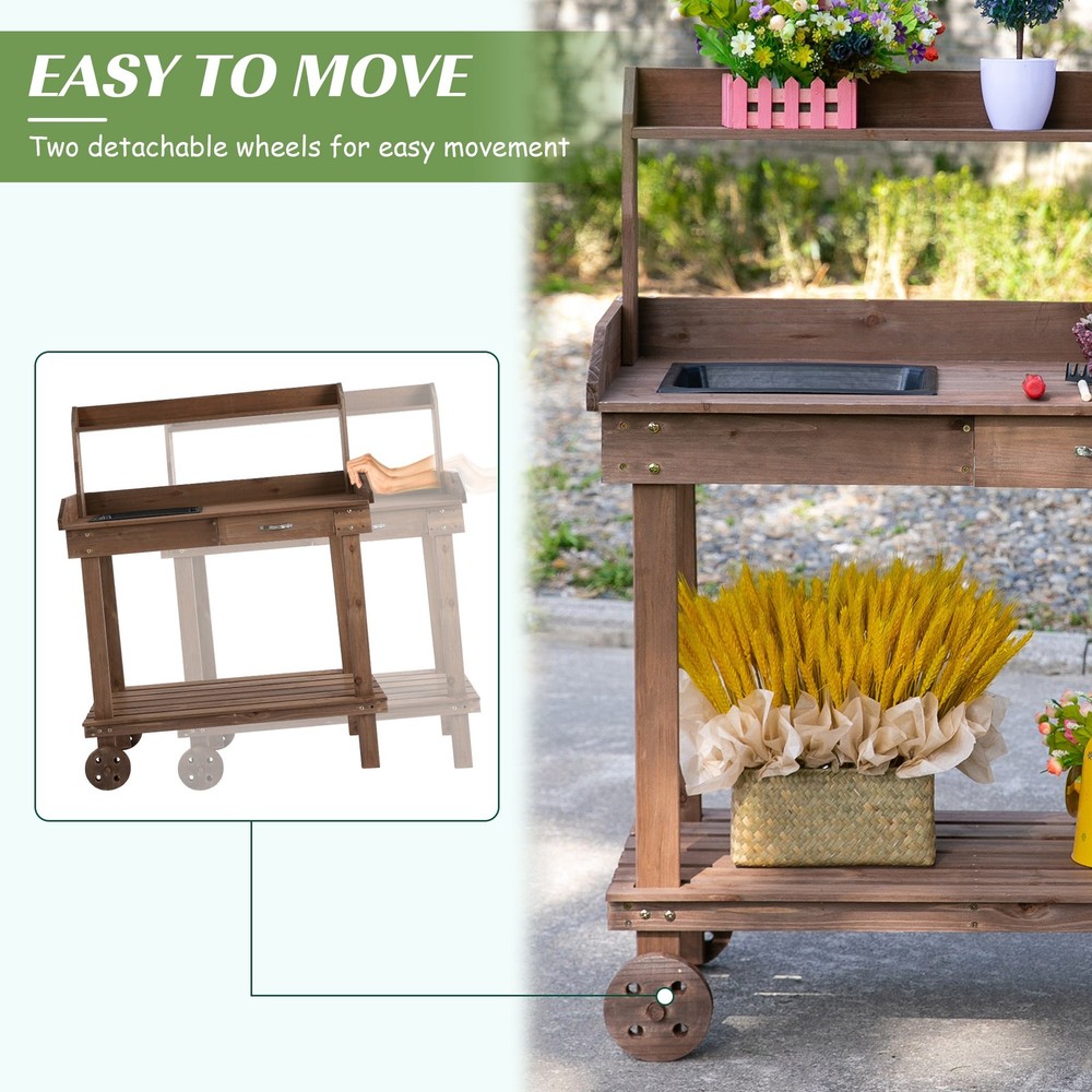 36" Wooden Potting Bench Work Table with 2 Removable Wheels Drawer Large Storage