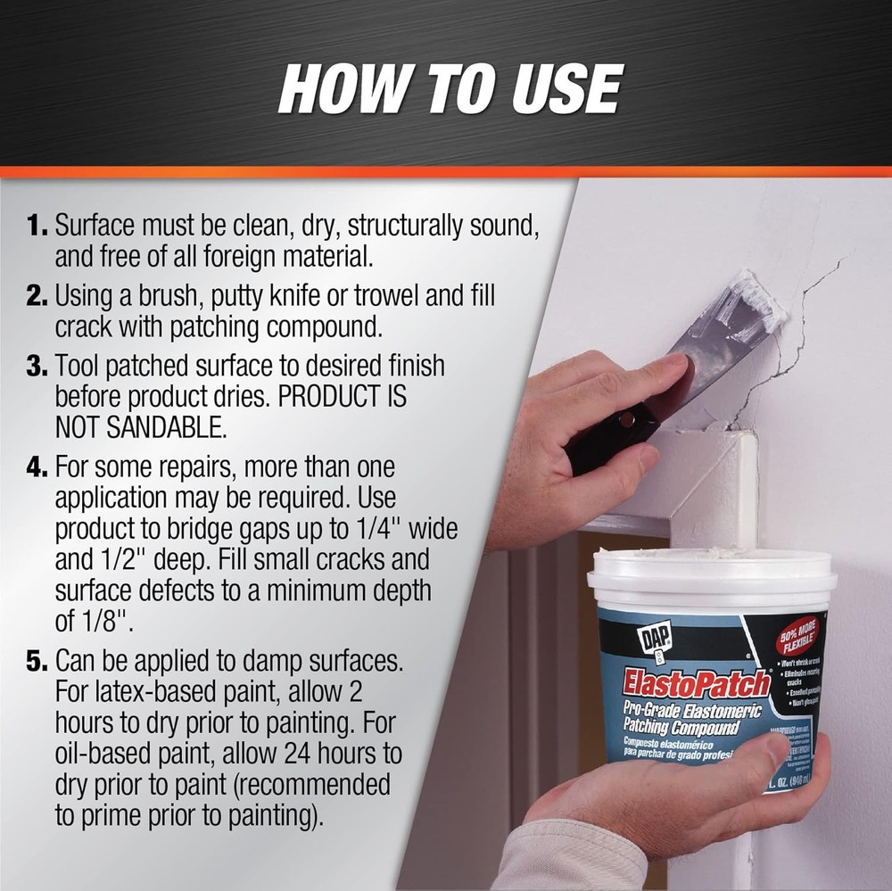 1 qt Dap 12278 ElastoPatch White Pro-Grade Elastomeric Patching Quart,