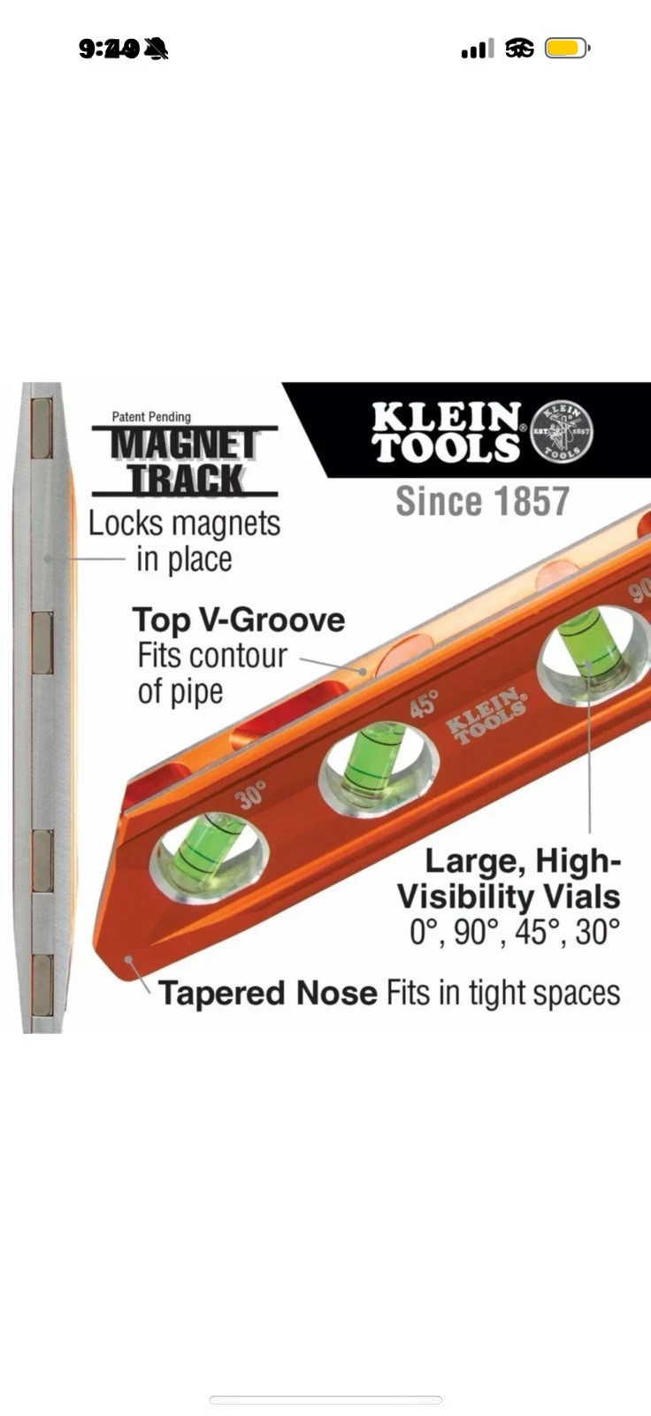Klein 935RB Torpedo Billet Level, Rare Earth Magnet