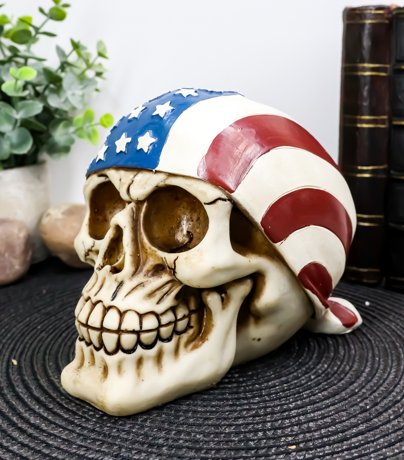 American Flag Skull Bandana Figurine Polyresin Home Decor Bikers Halloween