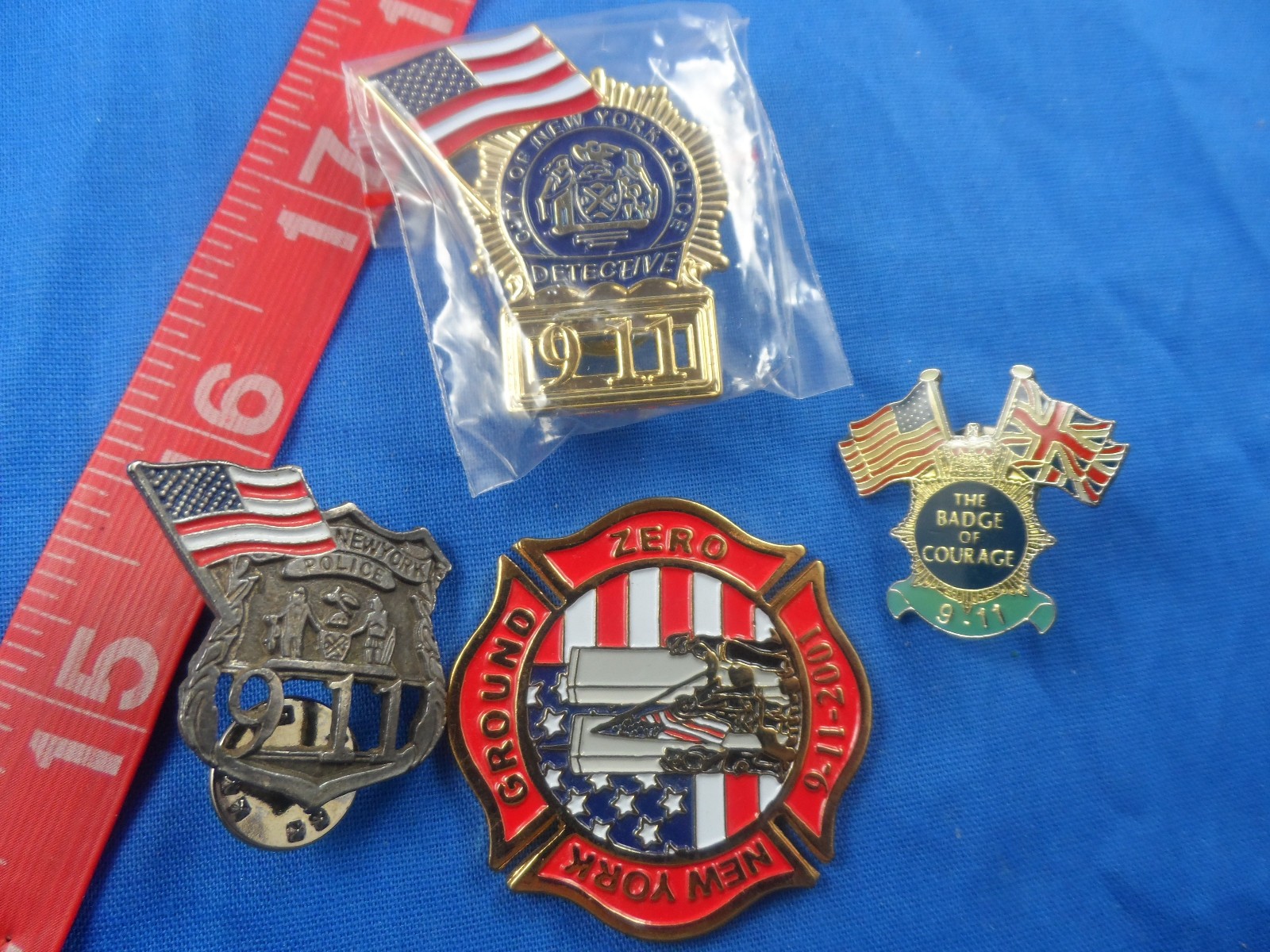 New York NYPD Police 9-11 2001 Lapel Hat Pin Metal Emblem Lot of 4, Detective