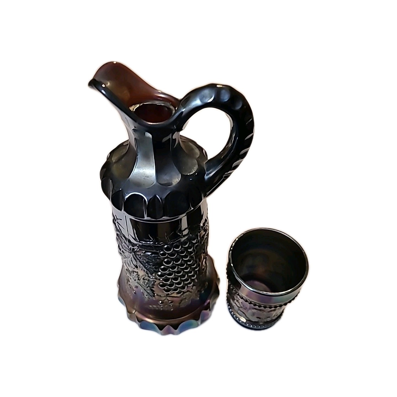 vtgNORTHWOOD CARNIVAL GLASS GRAPE & CABLE WHISKEY DECANTER & SHOT GLASS AMETHYST