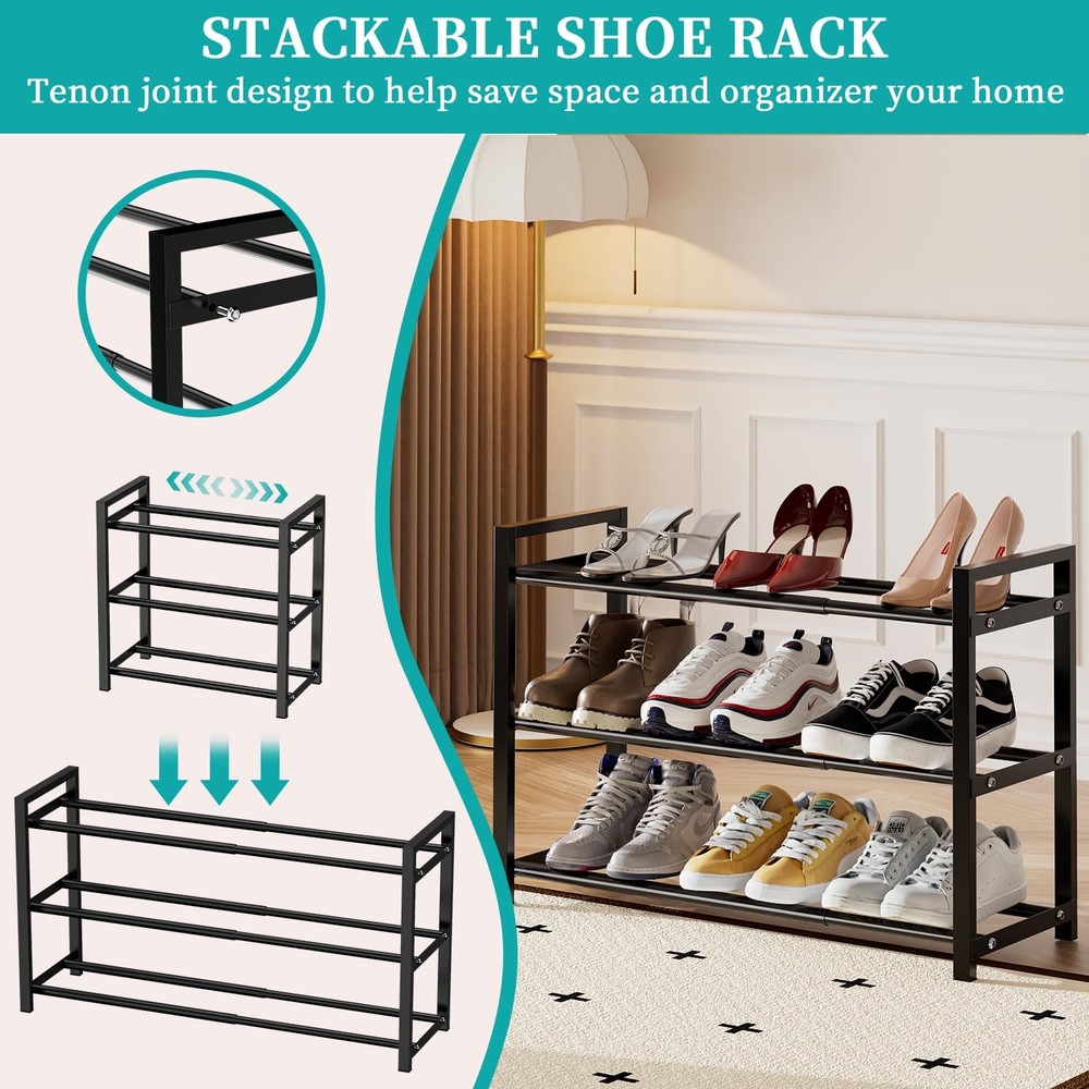 Expandable Shoe Rack,Adjustable and Stackable 3-Tier Shoe Rack Organizer, Sho...