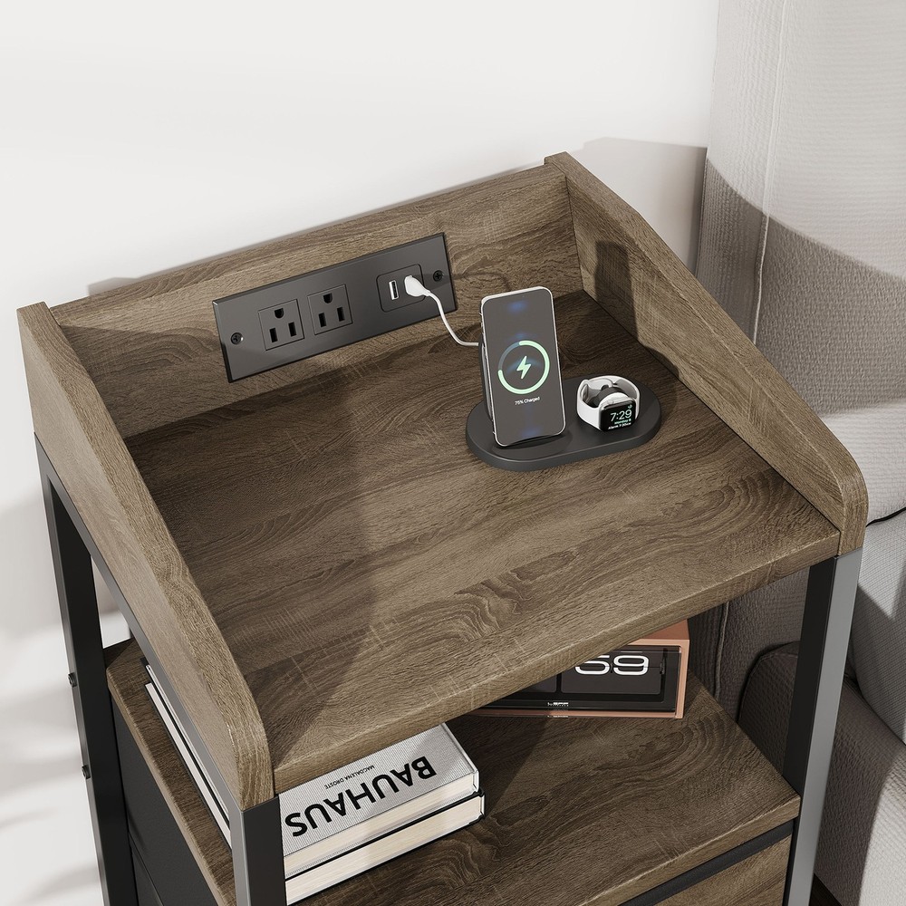 2 Pack Night Stand With Charging Station And Light Bedside End Table With 3