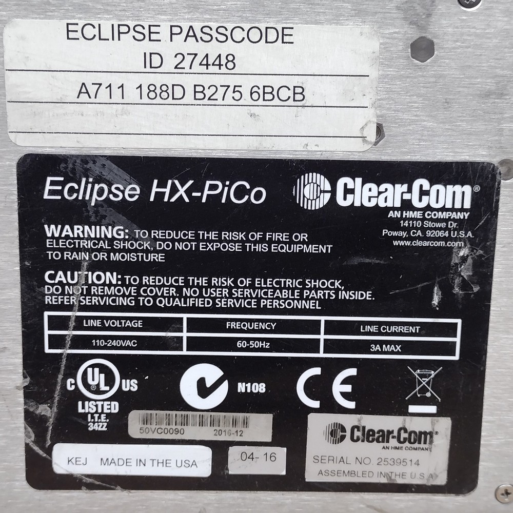 Clear-Com Eclipse HX-PiCo Digital Matrix Intercom Frame w/ Power Cord - USED