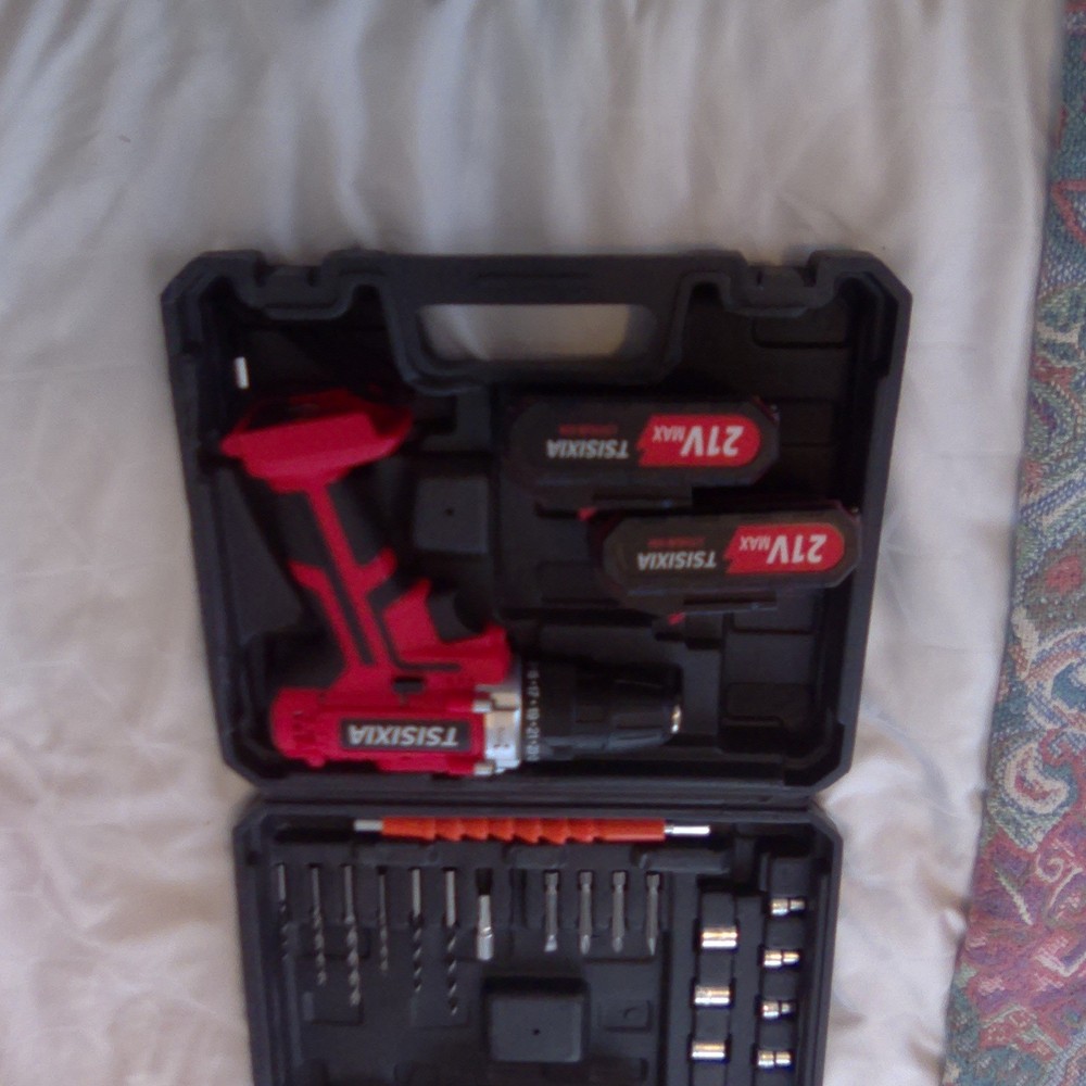 TSISIXIA 21V Cordless Drill Set, 2 Batteries, Drill Bits, Socket Connectors, Red