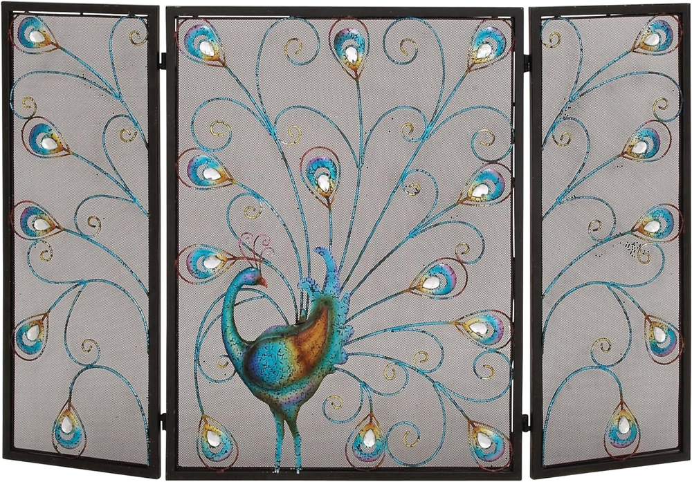 Metal Peacock Foldable Mesh Netting 3 Panel Fireplace Screen with Crystal Accent