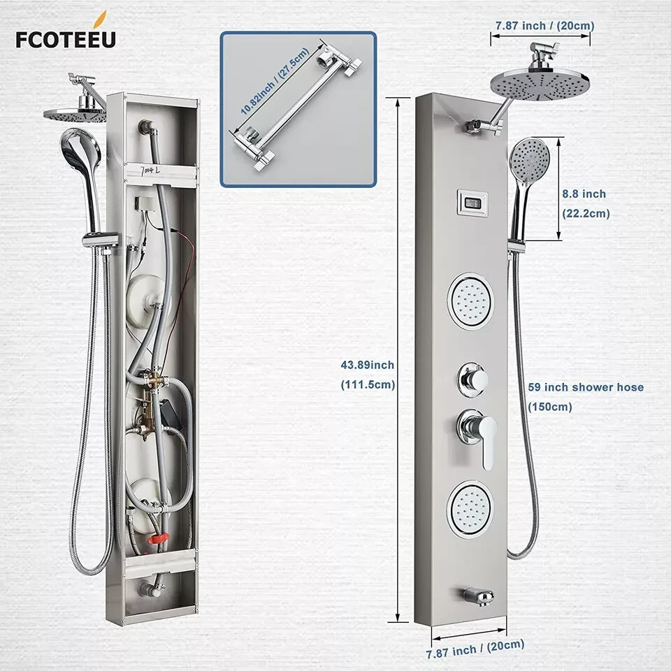 Shower Panel Tower System 8''Adjustable Rainfall Shower Head & Massage Body Jet