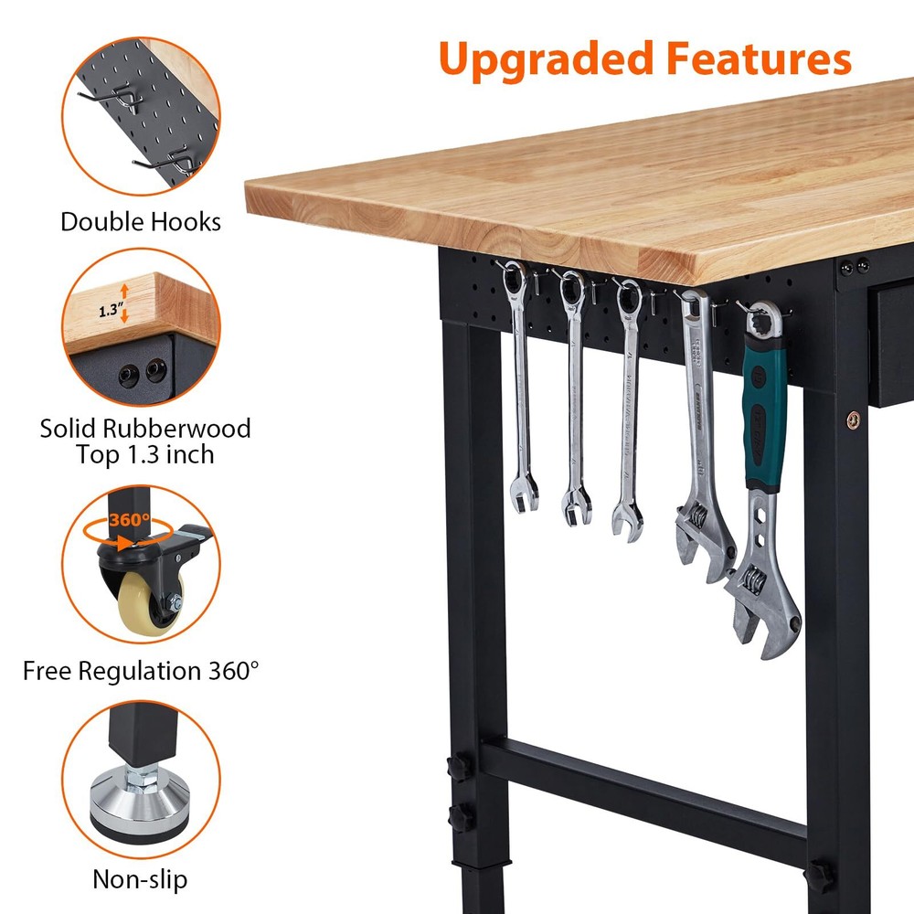 60" Workbench with Drawer Storage Adjustable Height Worktable for Garage Top