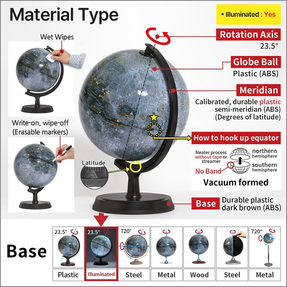 Mapsoft Explorer Illuminated Gray Moon Globe, 24cm/9.5", MI-24, Lamp, Light, Map