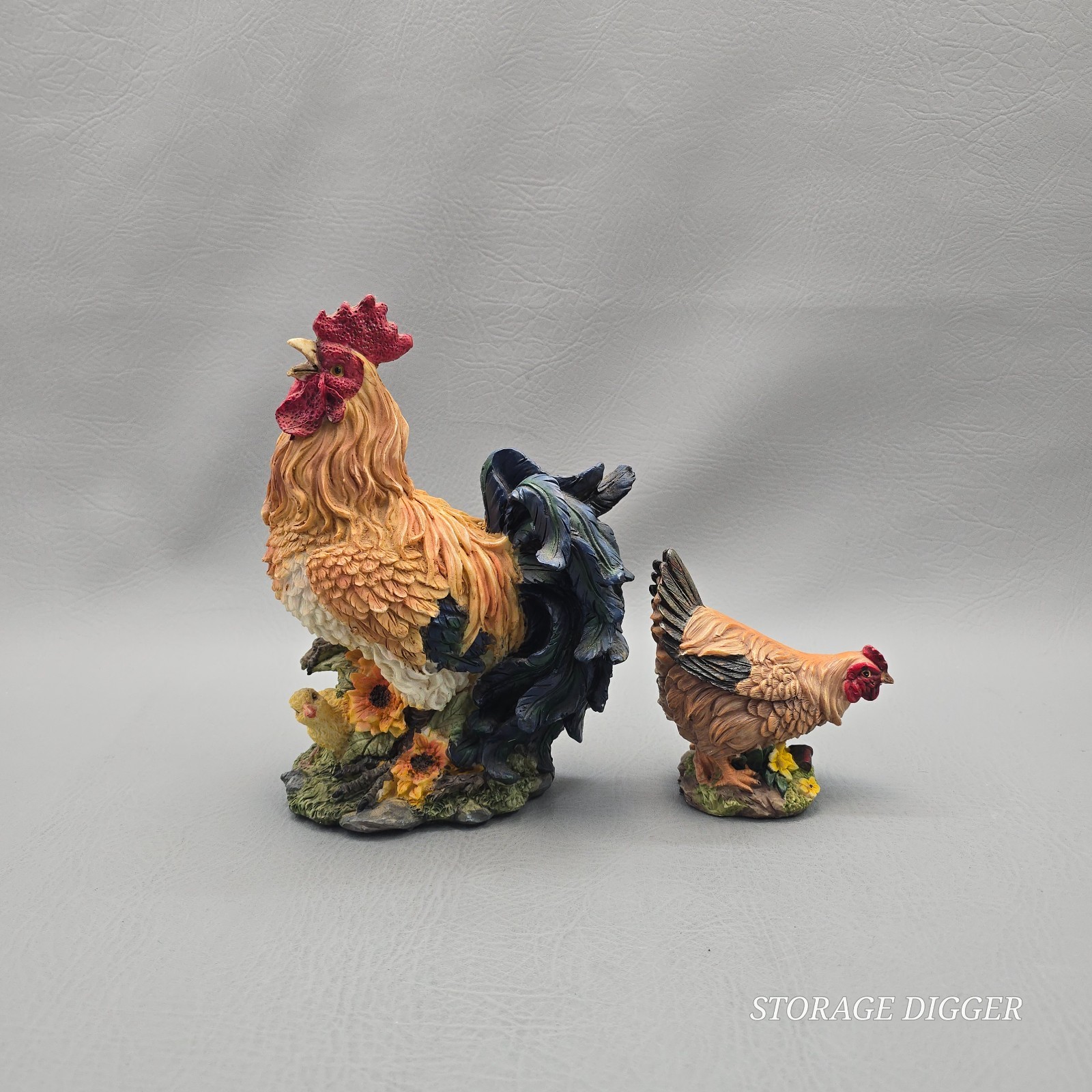 Vintage Resin Rooster and Hen Animal Figurines Farmhouse Decor 2 Pcs 9 in