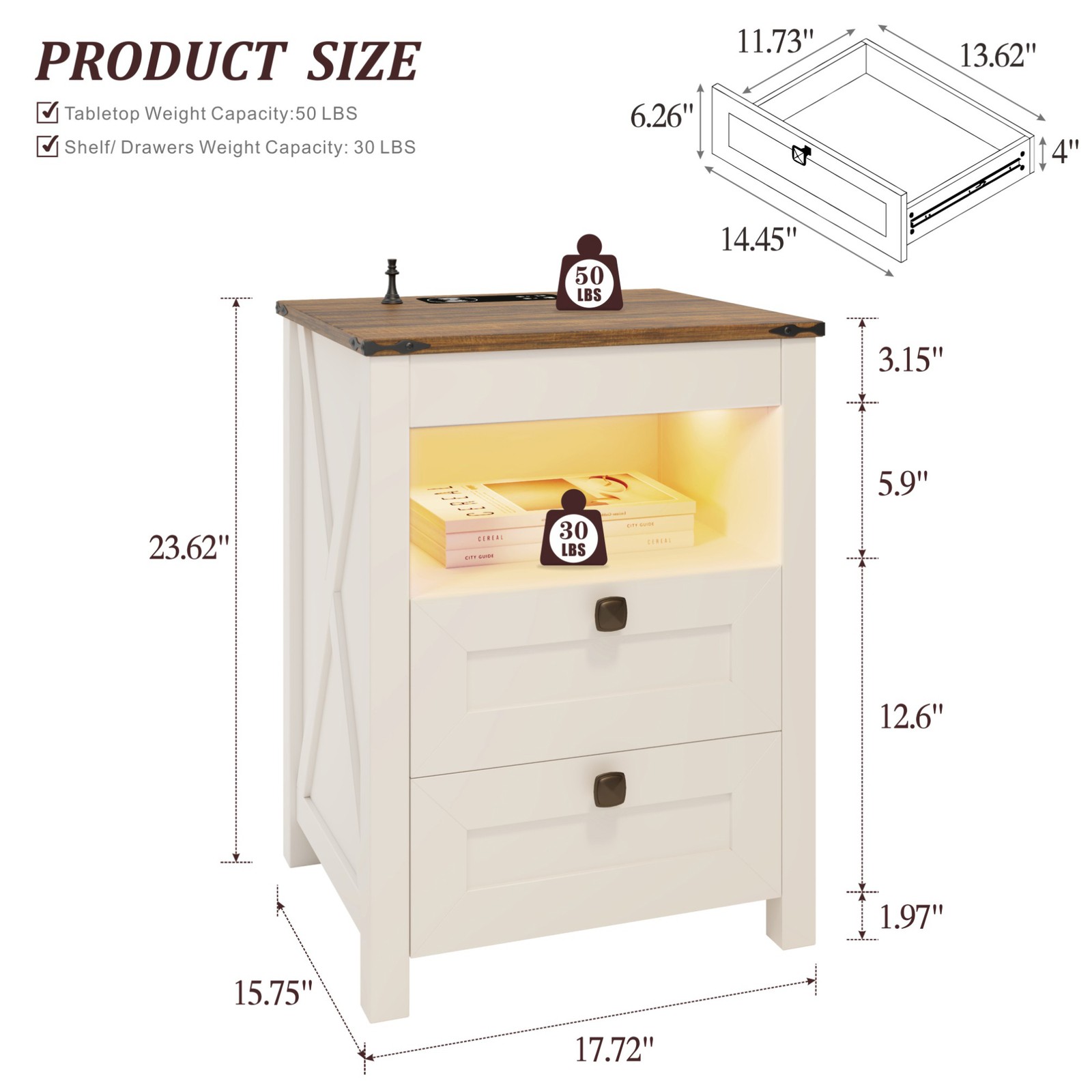 Night Stand with Gun Drawer, Bedside Table with Charging Station and LED Lights