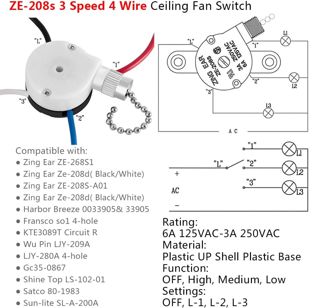 Ceiling Fan Switch 3 Speed 4 Wire Replace Accessories,Compatible with Hunter Fan