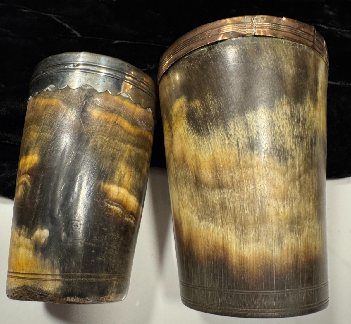 2 GEORGIAN COPPER/GOLD & SILVER RIMMED CUPS BANDED BASES GREAT CONDITION