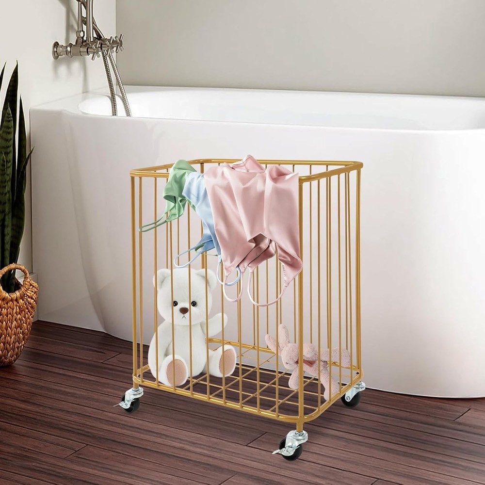 Gold Laundry Hamper With Wheels, Large Rolling Metal Laundry Basket Cart