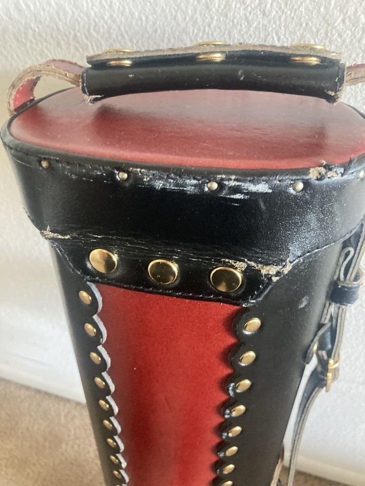 Black Red Leather Hard Billiard Cue Case Studded Multi-Compartment pool case
