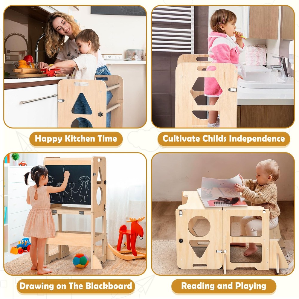 Foldable Toddler Kitchen Step Stool Learning Tower with Blackboard
