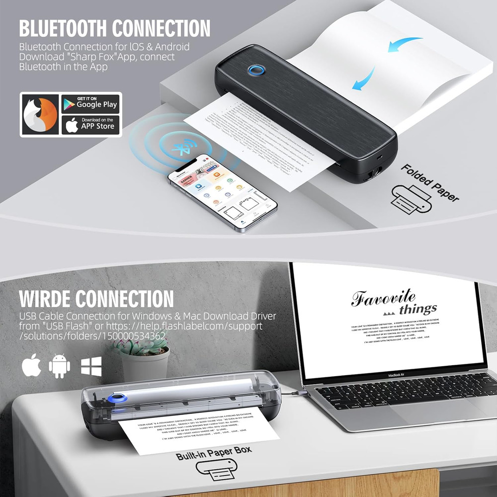 Portable Inkless Printer, Wireless Bluetooth Thermal Printer with 4200Mah Batter