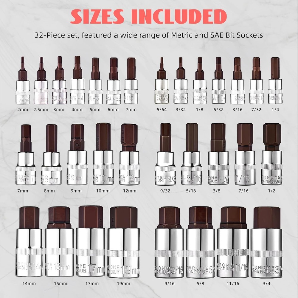 Master Hex Bit Socket Set 32-Piece, Allen Socket Set, 1/4'', 3/8”& 1/2'' Hex Dri
