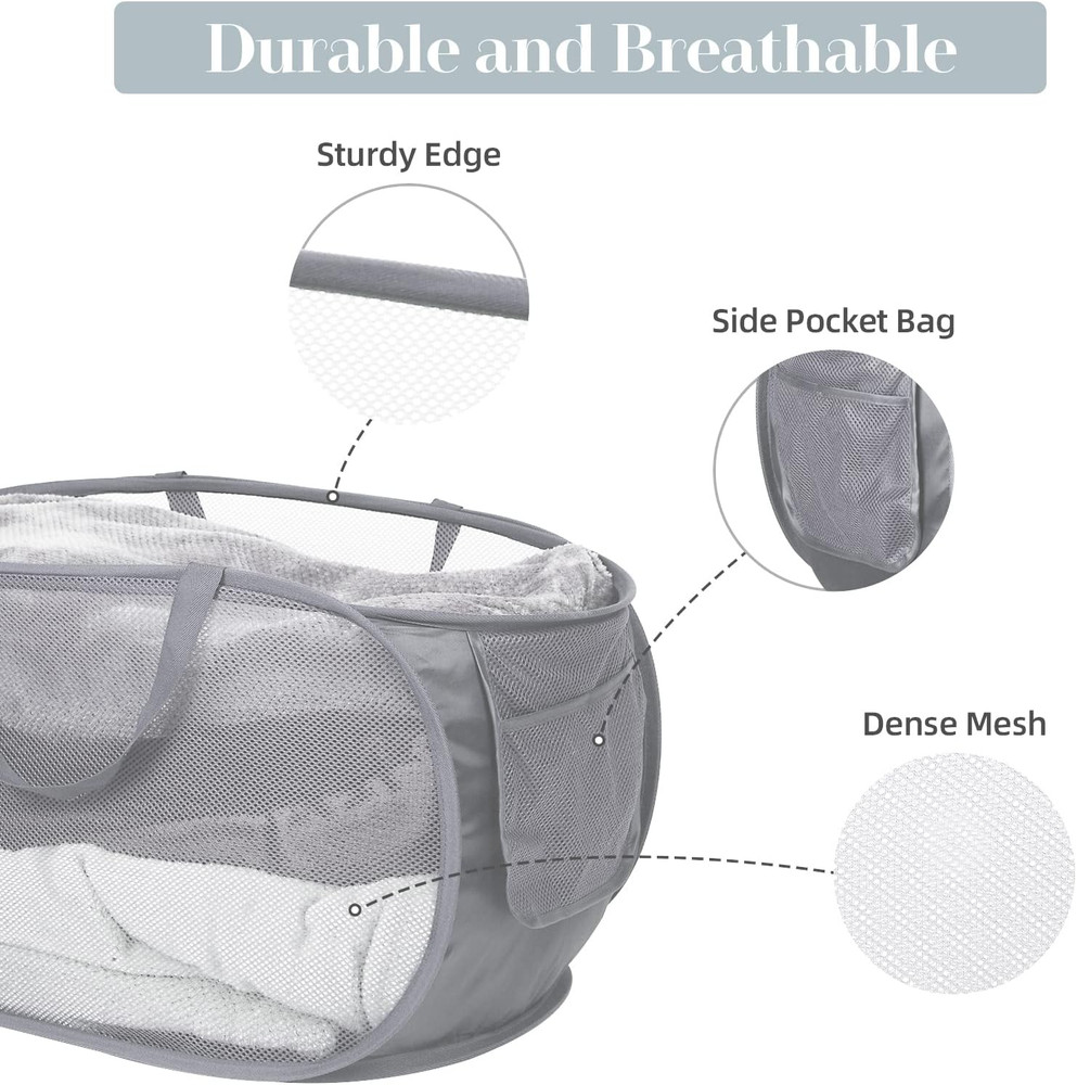 Durable Collapsible Laundry Baskets, Mesh Pop Up Laundry Hamper with Side Pocket