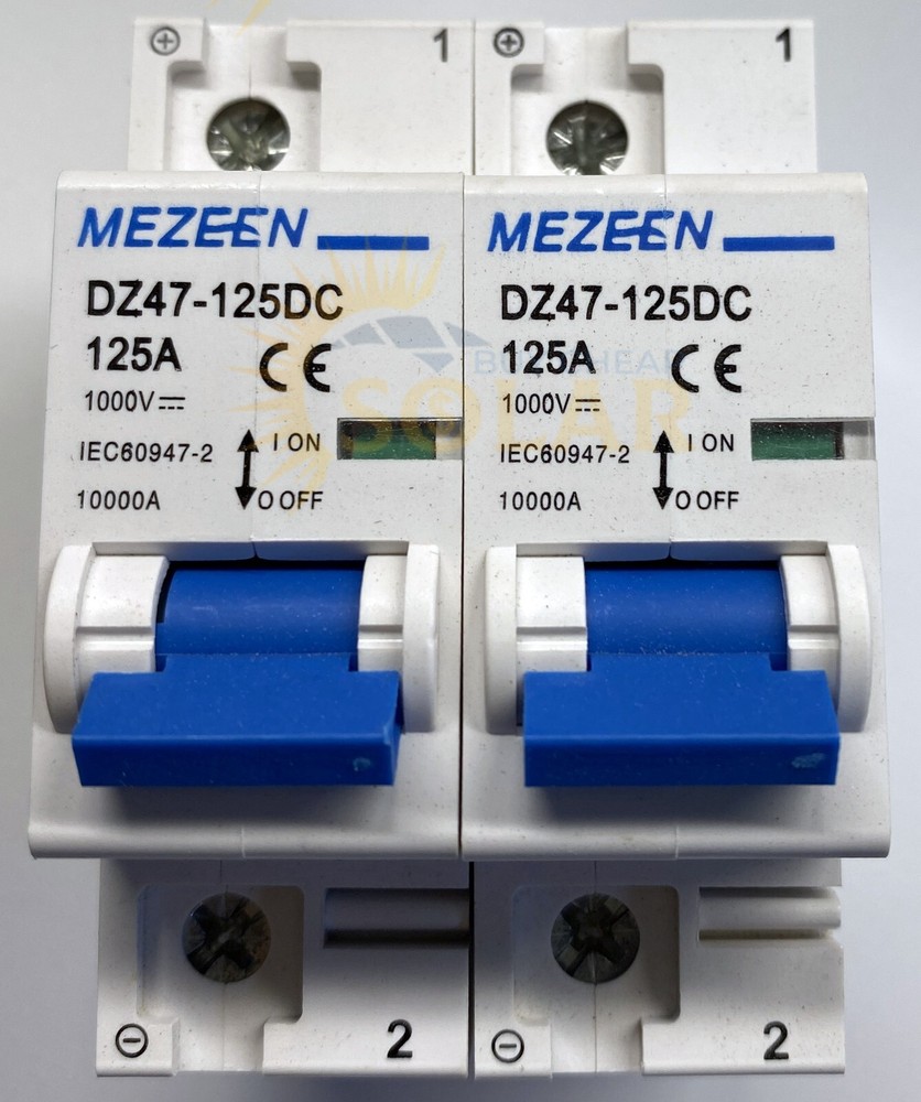 2 x 125 amp 1000V DC solar breakers Din Rail mountable