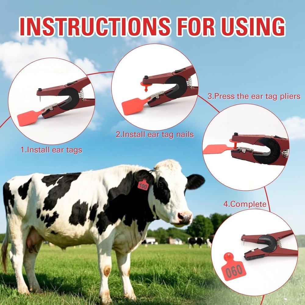 Numbered Cattle Ear Tags 001 100 Red Applicator Kit