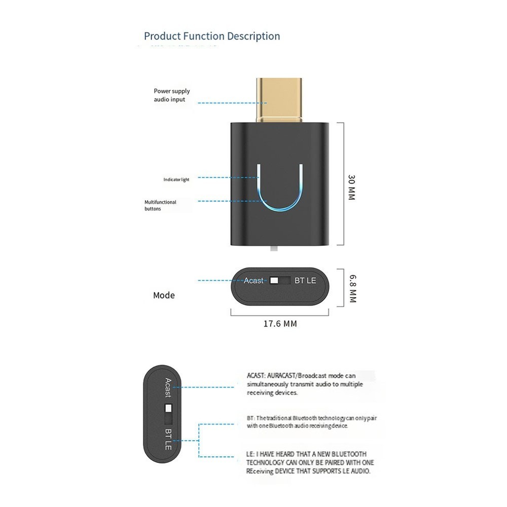 LE Audio Transmitter with Auracast Bluetooth 5.4 -LL/ LC3 Type-C Stereo8218