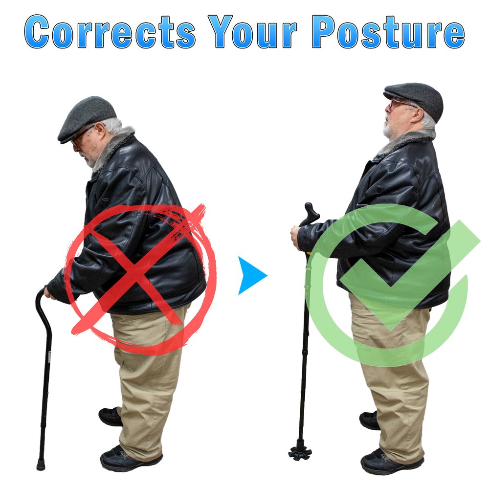 Posture Correction Walking Stick Cane - Self Standing Adjustable Height Foldable