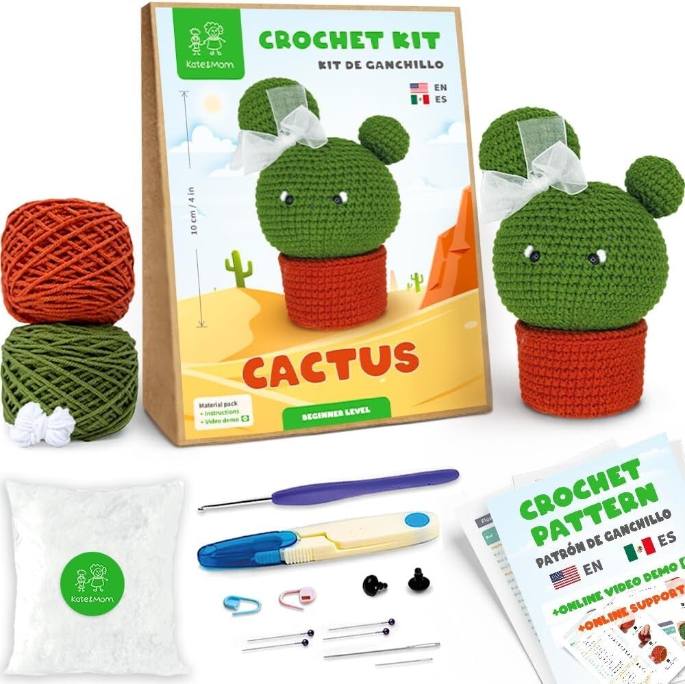 Kate & Mom Cute Cactus Crochet Kit Beginner w/Video Tutorials and Materials