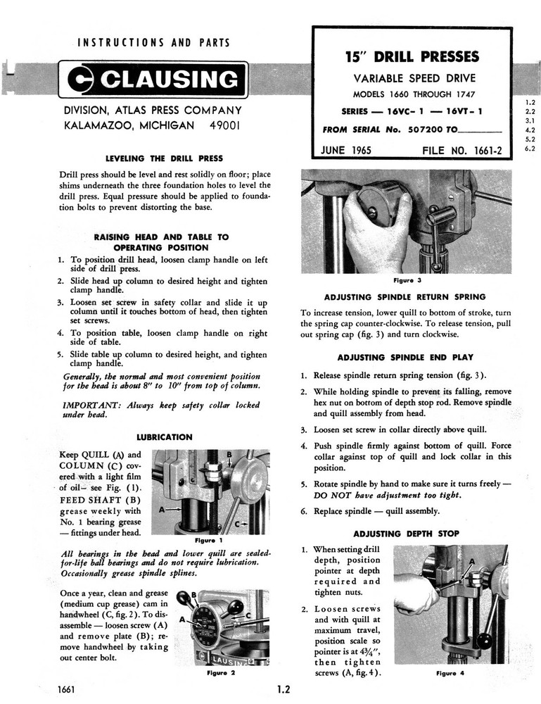 Clausing 15" Variable Speed Drill Press Op, Instruction, Parts List Manual #1876