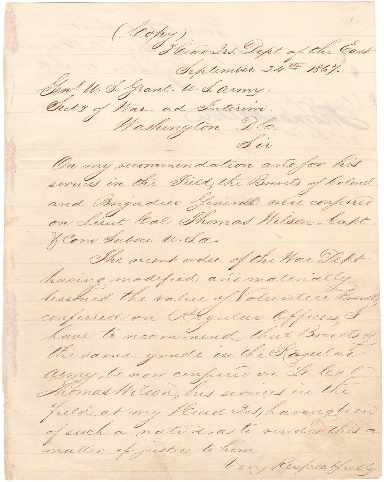 Letter from George Meade to Ulysses S Grant Appointing Antietam Hero as General