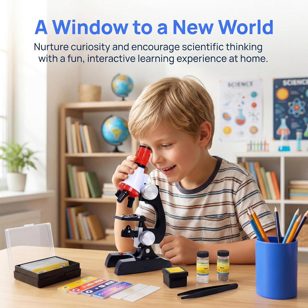 Kids Microscope Kit with LED Light - 100X/400X/1200X Magnification for STEM Lear