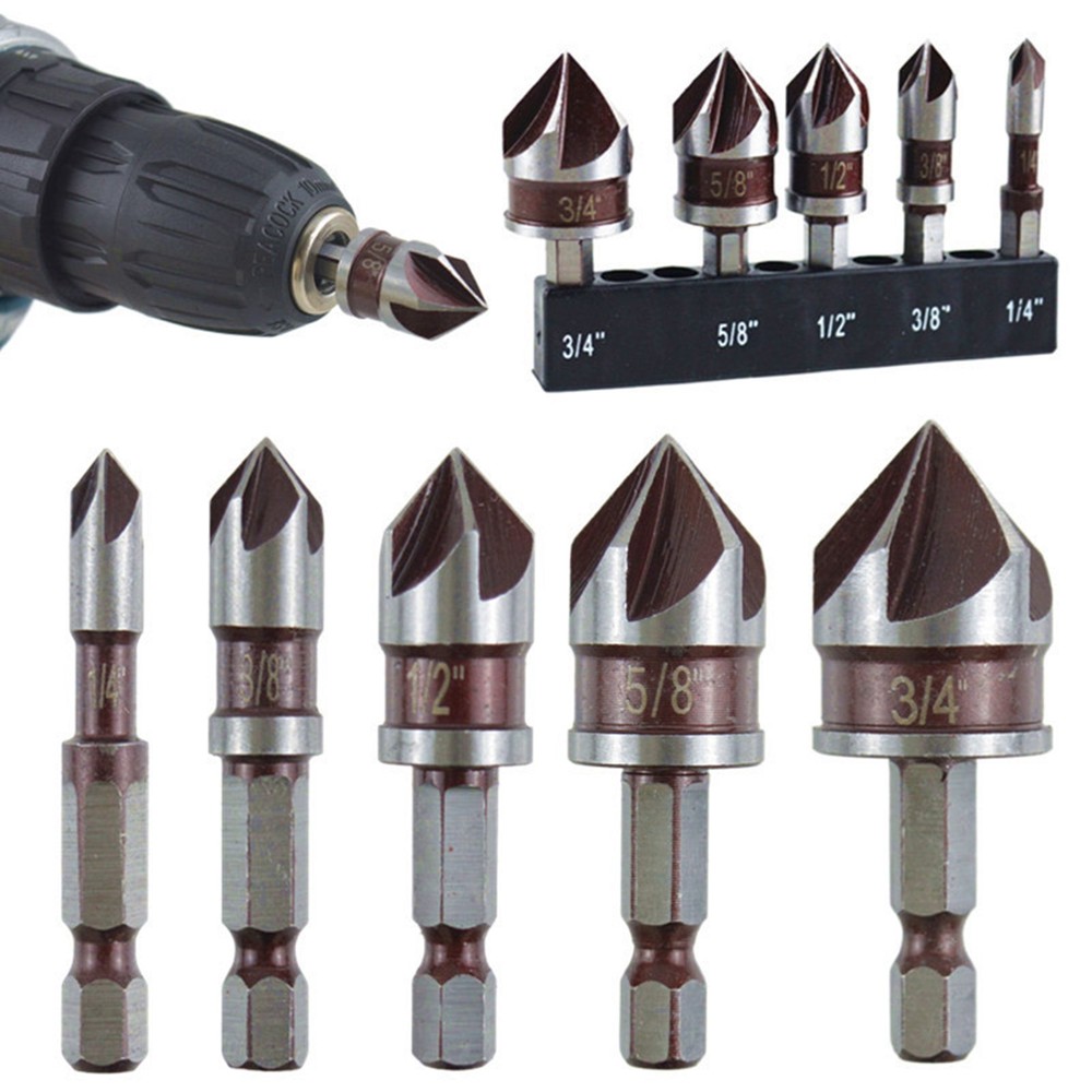 5pcs HSS Cobalt 82° Drill Bits, 5-Flute Deburring Set with 1/4"-3/4" Assorted