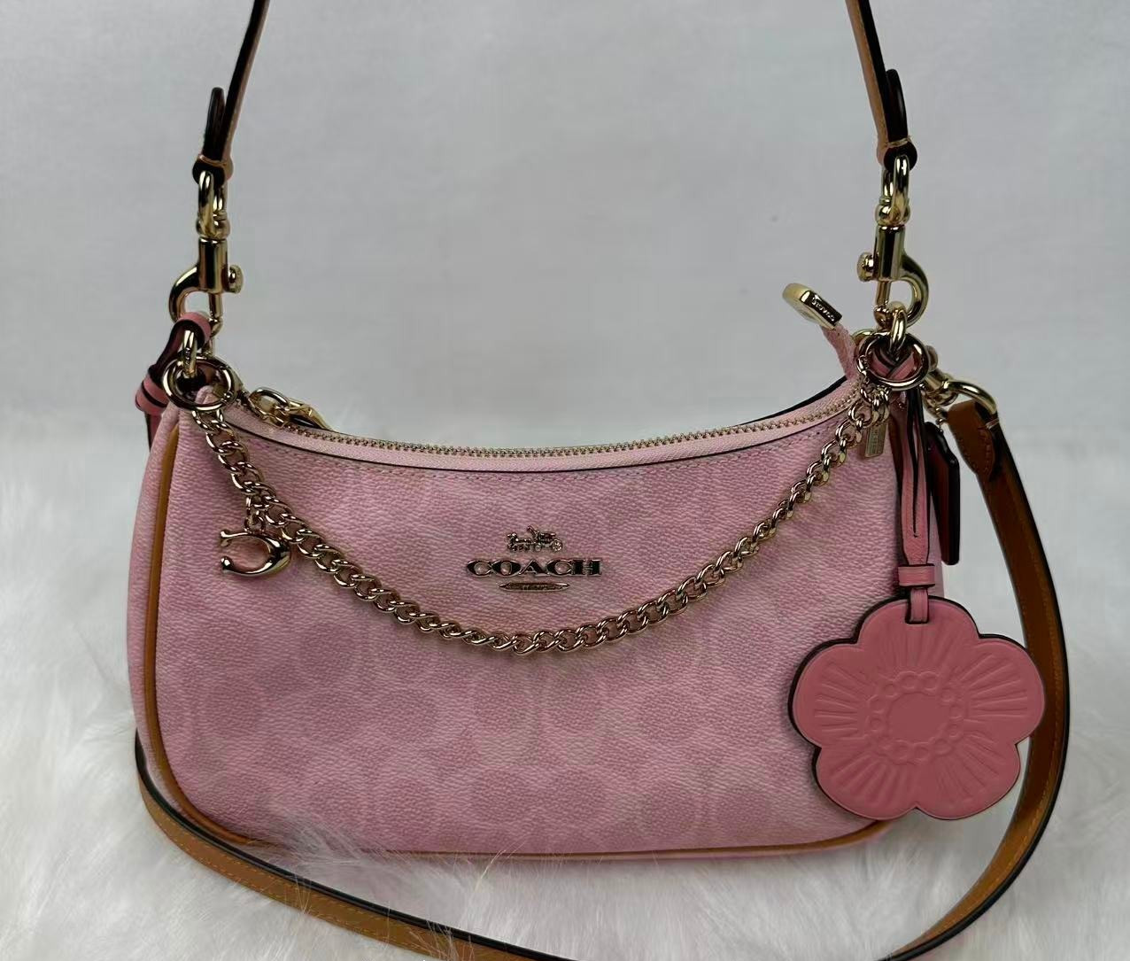 Coach Teri Shoulder Bag Signature Canvas With Charms Gold/Powder Pink CEA20 NWT