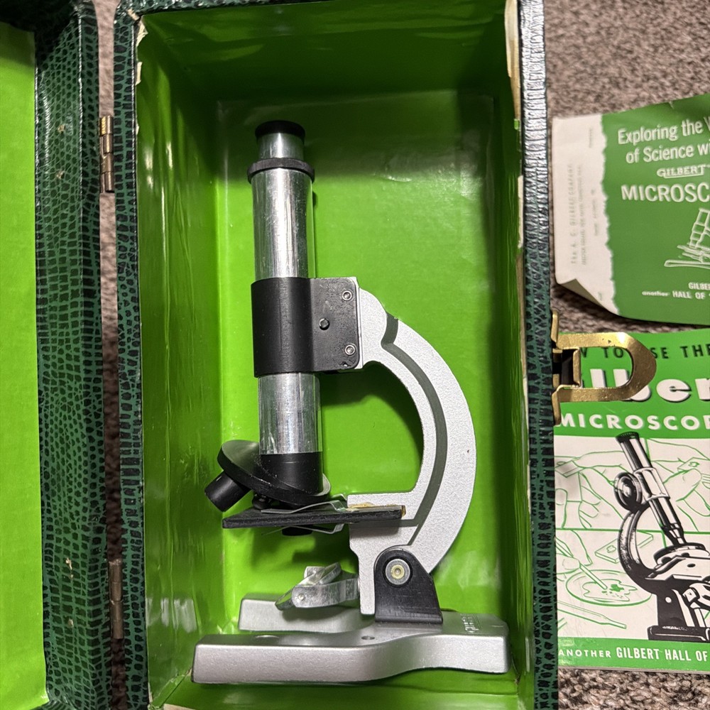 Vintage Gilbert Microscope Set 1950's-Green Case 10"X 5"X 5" (PARTIAL SET)