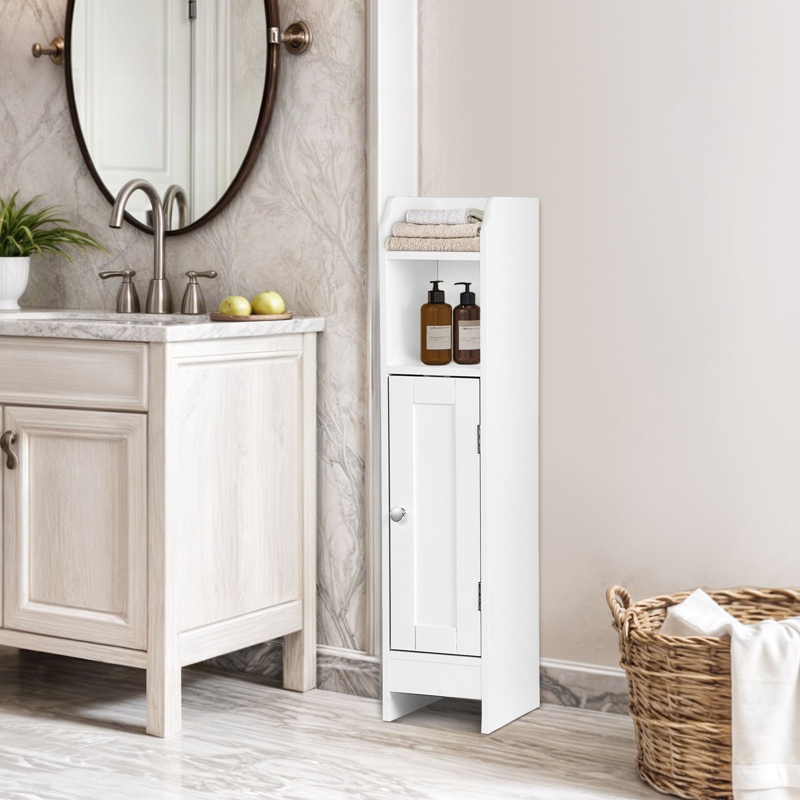 Small Bathroom Storage Cabinet White Floor Standing w/ Door & Shelves Storage